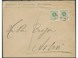 Sweden. Facit 30j on cover, 2×5 öre (pair) inte the scarce shade yellowish green, on …