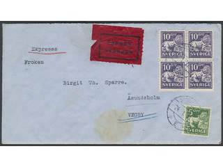 Sweden. Facit 145C, 143C cover, 4×4 öre (block of four) + 5 öre on special delivery …
