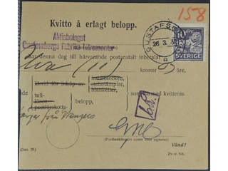 Sweden. Facit 146A cover, 10 öre on receipt, form No. 77, cancelled GUSTAFSBERG 26.3.31.