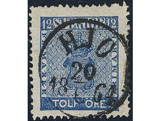 Sweden. Facit 9 used, 12 öre blue. EXCELLENT cancellation HJO 20.6.1864.