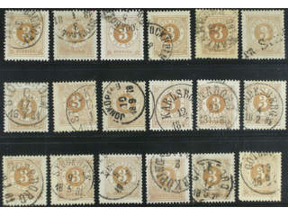 Sweden. Facit 28 used , 3 öre brown, eighteen used copies. Shades, varieties, …