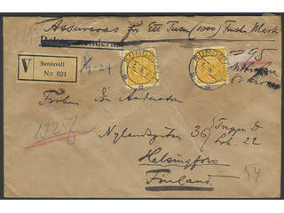Sweden. Facit 157 cover , 2x35 öre on insured cover sent from SUNDSVALL 1.9.27 to …