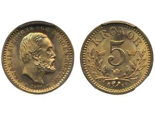Coins, Sweden. Oskar II, MIS IIa, 5 kronor 1901. Graded by PCGS as MS67. Tied finest …