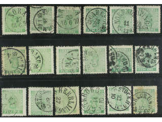 Sweden. Facit 7 used , 5 öre green, eighteen used copies. Shades, varieties, …