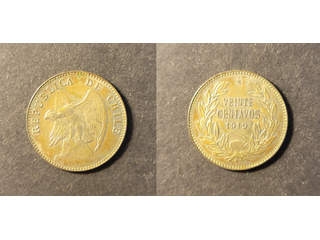 Chile 20 centavos 1919, AU toned