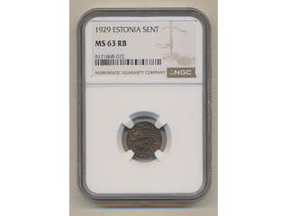 Coins, Estonia. KM 10, 1 sent 1929. Graded by NGC as MS63 RB. XF-UNC.