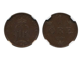 Coins, Sweden. Oskar II, MIS III.28, 1 öre 1901. Graded by NGC as MS64 BN. 01/0.