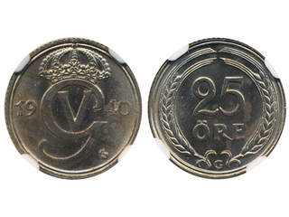 Coins, Sweden. Gustav V, MIS II.2, 25 öre 1940. Graded by NGC as MS64. 01/0.