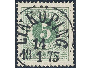 Sweden. Facit 19f used , 5 öre dark green, grainy print. EXCELLENT cancellation …