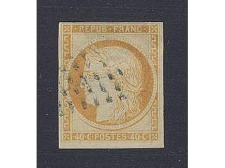 France. Michel 5a used, 1850 Ceres Head 40 c red-orange. Near cut in top, but not into …