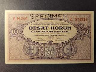 Czechoslovakia 10 korún 1927, SPECIMEN, AU