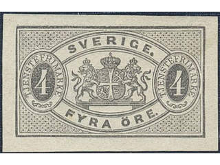Sweden. Official Facit Tj13Bv1 ★ , 4 öre black imperf. Wide margins. Thin spot. SEK 1700