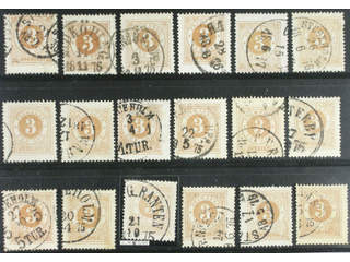 Sweden. Facit 17 used , 3 öre brown. 3 öre brown, eighteen used copies. Shades, …