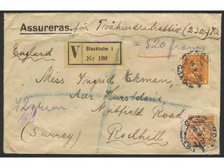 Sweden. Facit 147, 168 on cover, 25 öre + 1 kr on insured cover with two very large …
