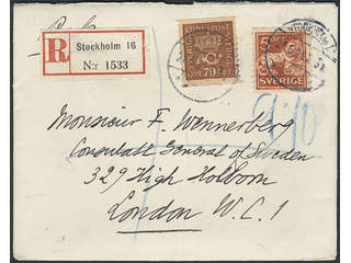 Sweden. Facit 164, 142A on cover, 5+70 öre on nice registered cover sent from STOCKHOLM …