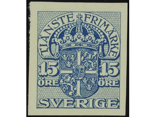 Sweden. Official Facit Tj33P (★), 15 öre with vm crown, colour proof in blue.