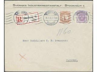Sweden. Facit 74, 84 cover , 4+15 öre on registered printed matter sent from STOCKHOLM …