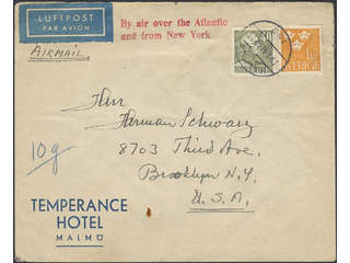 Sweden. Air mail cover Facit 281, 294 , 40 öre + 1 kr on air mail cover sent from MALMÖ …