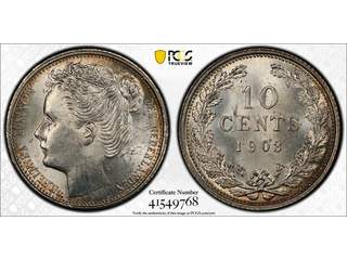 Nederländerna Wilhelmina (1890-1948) 10 cents 1903, UNC, PCGS MS65