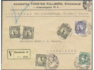 Sweden. Facit 77, 79, 89 cover , 5+35 öre + 4x1 kr on insured cover sent from STOCKHOLM …