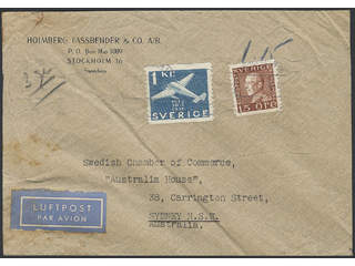 Sweden. Air mail cover Facit 178A, 257 , 15 öre + 1 kr on air mail cover sent from …