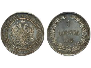 Coins, Finland. Nicholas II, KM 3.2, 1 markka 1915. Graded by PCGS as MS64. Bitkin 401. …