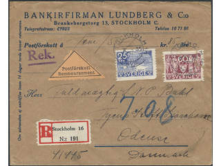 Sweden. Facit 243, 245 cover , 25+60 öre on registered cash on delivery cover sent from …