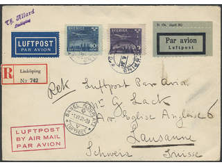 Sweden. Air mail cover Facit 231, 232 , 10+50 öre on registered air mail cover sent from …