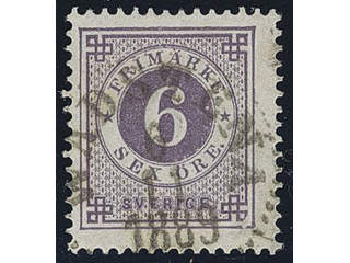 Sweden. Facit 44a used , 6 öre bluish lilac. Superb cancellation WADSTENA 6.11.1889.