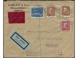 Sweden. Air mail cover Facit 186, 177A, 231 , 10+15+2×30 öre on special delivery air …
