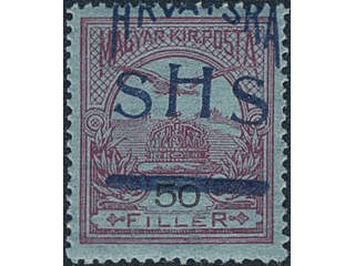 Yugoslavia. Michel 56K ★★, 1919 SHS overprint on 50 h lilac-red on blue with misplaced …