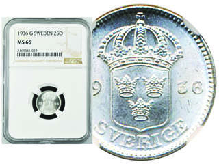 Coins, Sweden. Gustav V, MIS I.16, 25 öre 1936. Graded by NGC as MS66. 0.