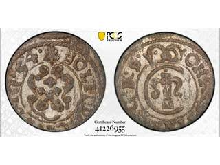Sverige Kristina (1632-1654) Riga 1 solidus 1654, 01/0, PCGS MS62