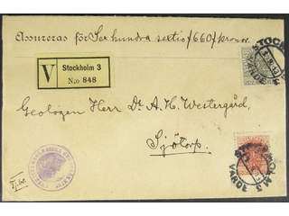 Sweden. Official Facit Tj37, 47 , 10+50 öre on insured cover sent from STOCKHOLM 3 …
