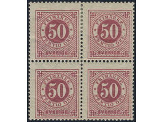 Sweden. Facit 48b ★, 50 öre carmine, even print. Block of four. Partly separated. SEK 8000