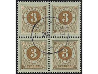 Sweden. Facit 41 used , 3 öre brown in block of four. Cancelled GRYCKSBO. SEK 2000