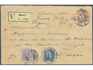 Sweden. Facit 74, 85, 86 cover , 4+20+25 öre on insured cover sent from MALMÖ 15.8.13 to …