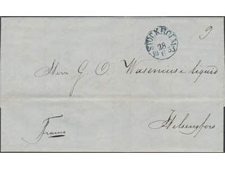Sweden. Foreign-related cover. Finland. Cover sent from STOCKHOLM 28.6.1853 (blue …