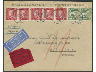 Sweden. Facit 177A, 143A cover , 2x5+5x15 öre on special delivery air mail cover sent …