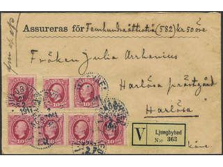 Sweden. Facit 54g (x7) on cover, 1909 Oscar II 10 öre carmine, strongly toned paper in …