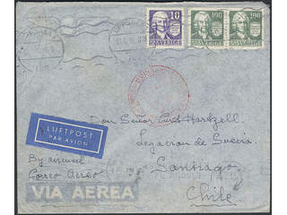 Sweden. Air mail cover Facit 260, 259C , 10+2x100 öre on air mail cover sent from …