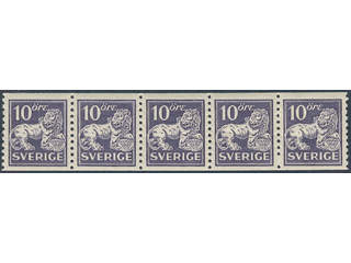 Sweden. Facit 145A ★★ , 10 öre ultramarinish violet, type I in superb strip of five.