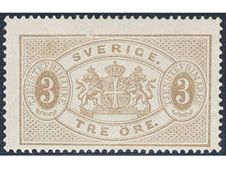Sweden. Official Facit Tj1c ★ , 3 öre grey-brown, perf 14. Fresh copy.