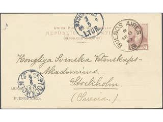 Sweden. Incoming stamped mail. Postal stationary card of 6 centavos cancelled BUENOS …