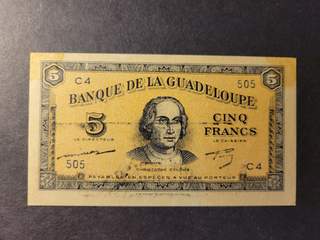 Guadeloupe 5 francs ND(1942), AU/UNC, mindre toning, ej vikt