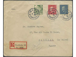 Sweden. Facit 177C, 183, 239C used, 5+15+25 öre on registered cover sent from STOCKHOLM …