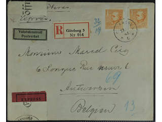 Sweden. Facit 334 cover , 2x1 kr on censored registered special delivery cover with …