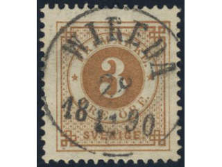 Sweden. Facit 41a used, 3 öre yellowish brown. EXCELLENT cancellation WIREDA 28.11.1890.