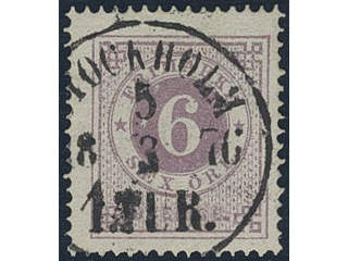 Sweden. Facit 20j used , 6 öre lilac. Superb cancellation STOCKHOLM 1.TUR 5.3.1876.