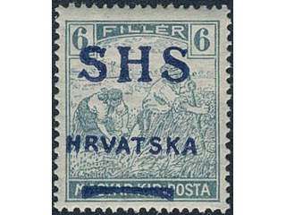 Yugoslavia. Michel 69 ★★, 1916 SHS overprint 6 f green-blue with heavy misplaced …